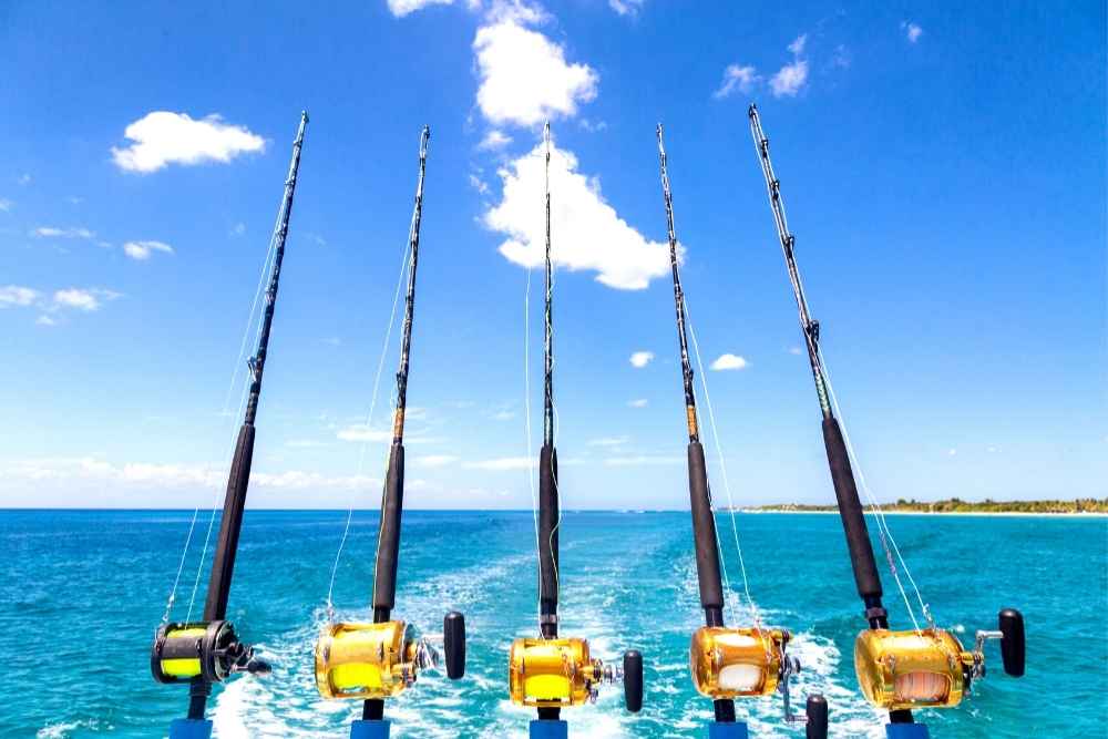 Five fishing rods cast into the ocean in the Florida Keys